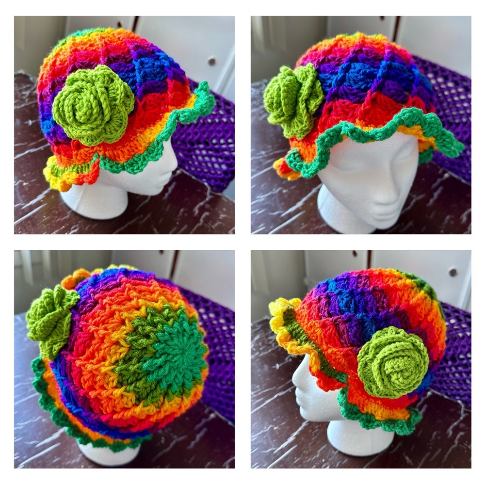 Colorful Crochet Hat with Green FlowerNWOT
